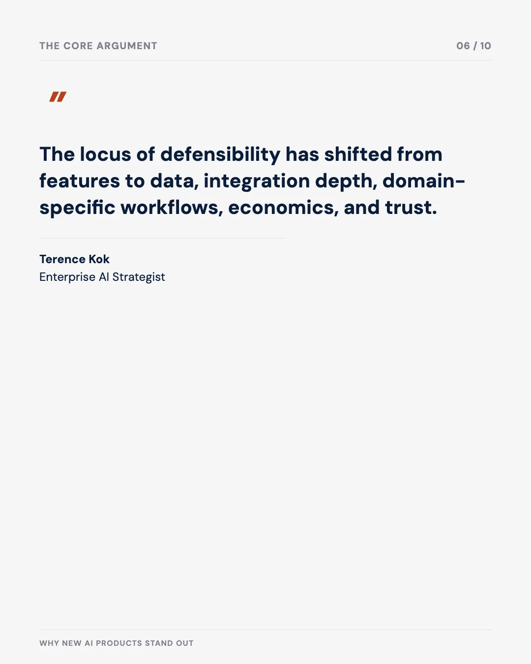 Carousel slide 6: quote — the locus of defensibility has shifted from features to data, integration, workflows, economics, and trust