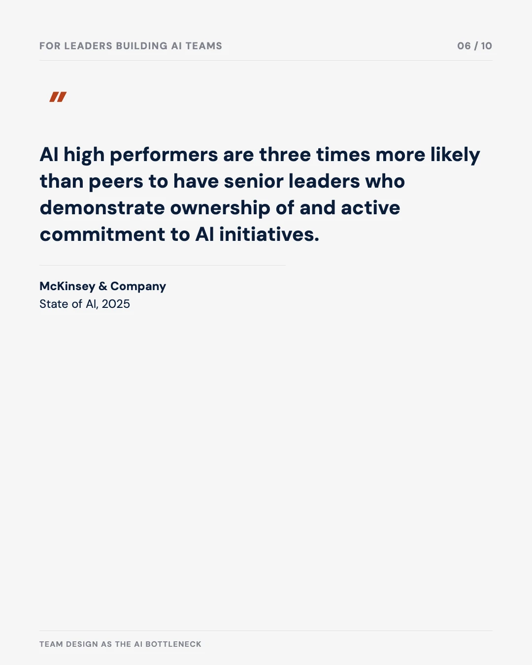 Carousel slide 6: quote from McKinsey — AI high performers are three times more likely to have senior leaders who demonstrate ownership