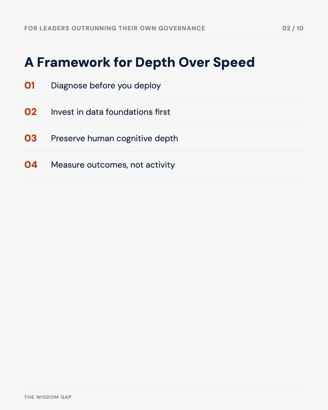 Carousel slide 2: a framework for depth over speed — diagnose before you deploy, invest in data foundations, preserve human cognitive depth, measure outcomes not activity
