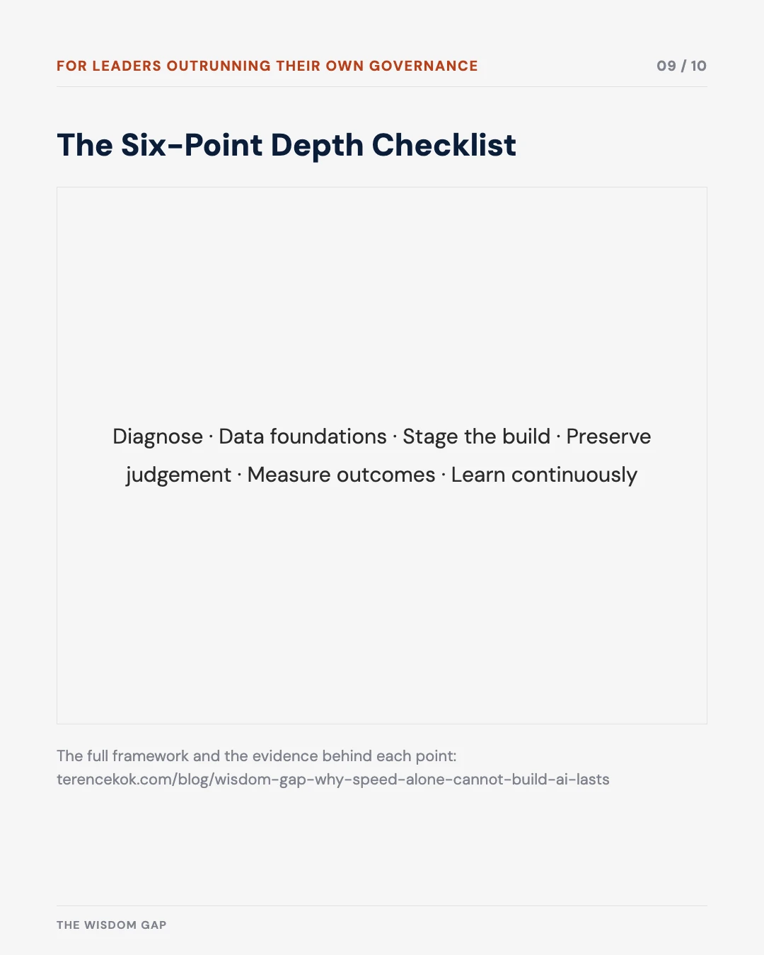 Carousel slide 9: the six-point depth checklist — diagnose, data foundations, stage the build, preserve judgement, measure outcomes, learn continuously