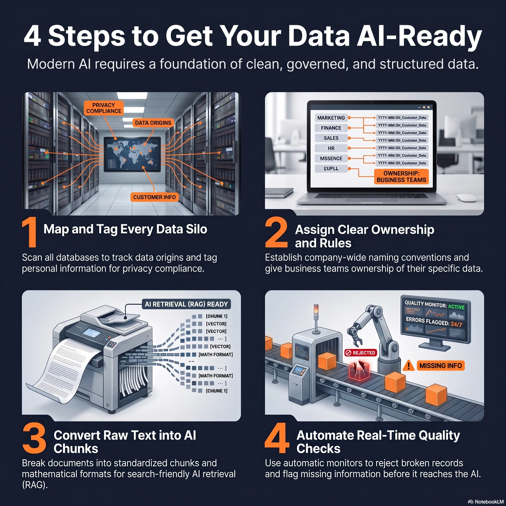 4 Steps to Get Your Data AI-Ready infographic: 1) Map and tag every data silo, scanning all databases to track data origins and tag personal information for privacy compliance; 2) Assign clear ownership and rules, establishing company-wide naming conventions and giving business teams ownership of their data; 3) Convert raw text into AI chunks, breaking documents into standardized chunks and mathematical formats for search-friendly AI retrieval (RAG); 4) Automate real-time quality checks, using automatic monitors to reject broken records and flag missing information before it reaches the AI