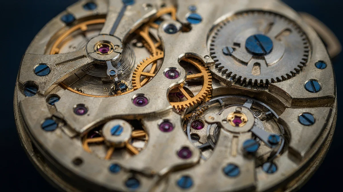 An open antique clockwork pocket-watch movement, fine brass gears turning together, representing the large language model that acts as the reasoning engine inside an agent