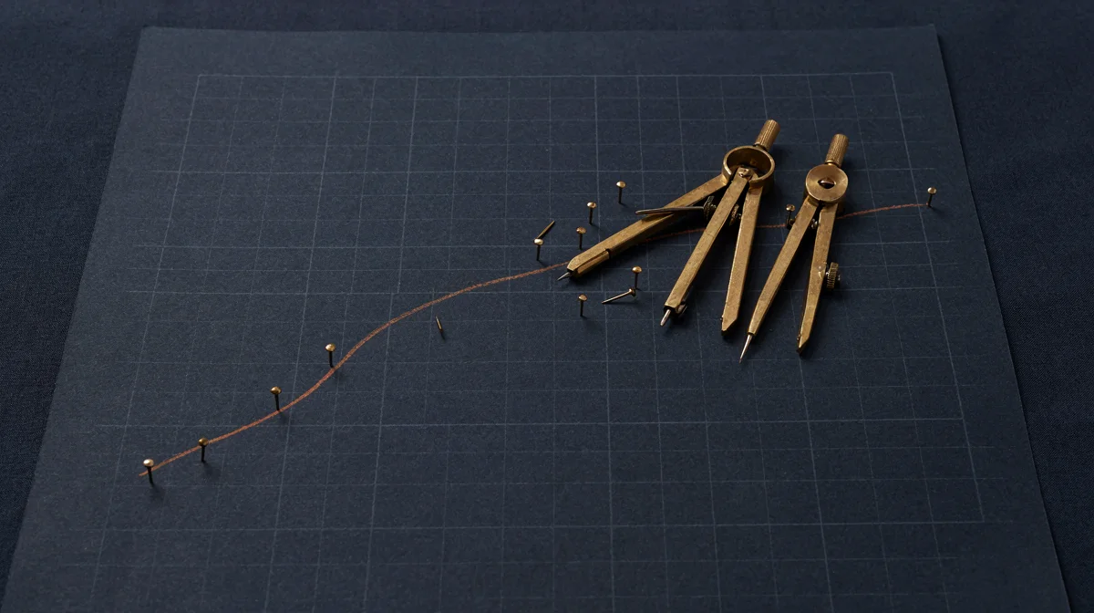 A brass drafting compass plotting a route of small pins across plain grid paper, an orange thread connecting the pins in sequence, representing the planning step where an agent breaks one goal into a sequence of smaller steps