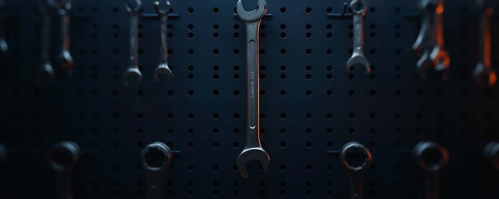 A single wrench singled out and illuminated on a pegboard wall of many identical tools, representing choosing one task from many candidates