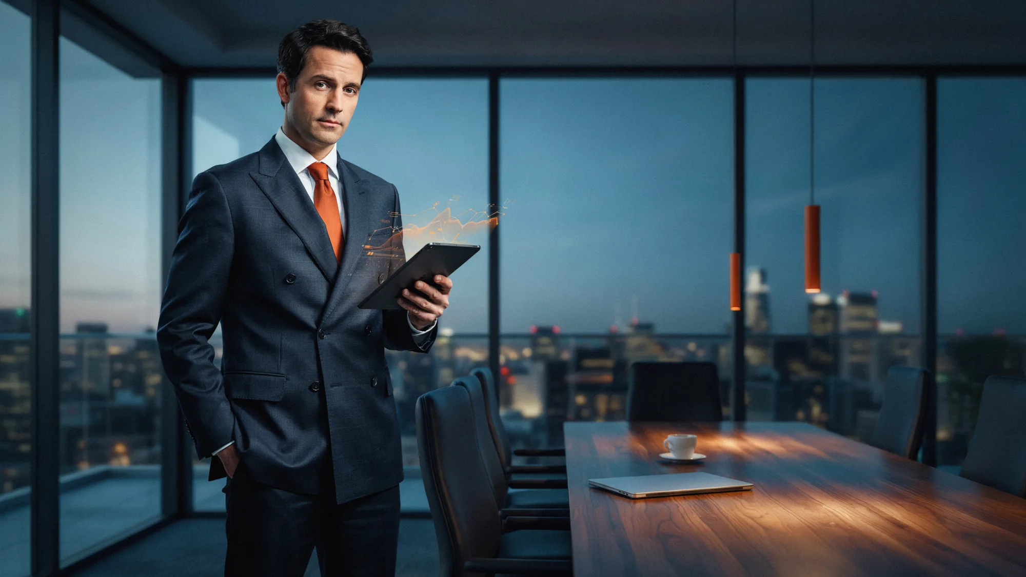 Executive reviewing an AI dashboard on a tablet in a boardroom at dusk