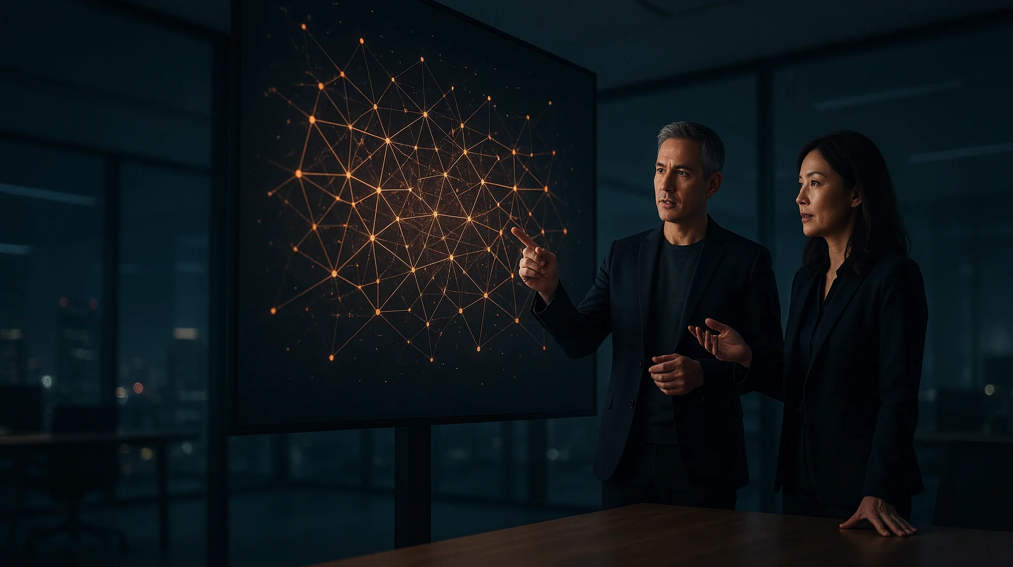 Two advisors reviewing an AI network visualization together in a high-tech office at dusk
