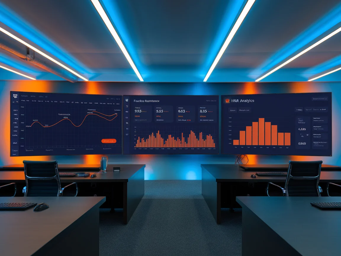 Enterprise operations room with multi-screen BI dashboards