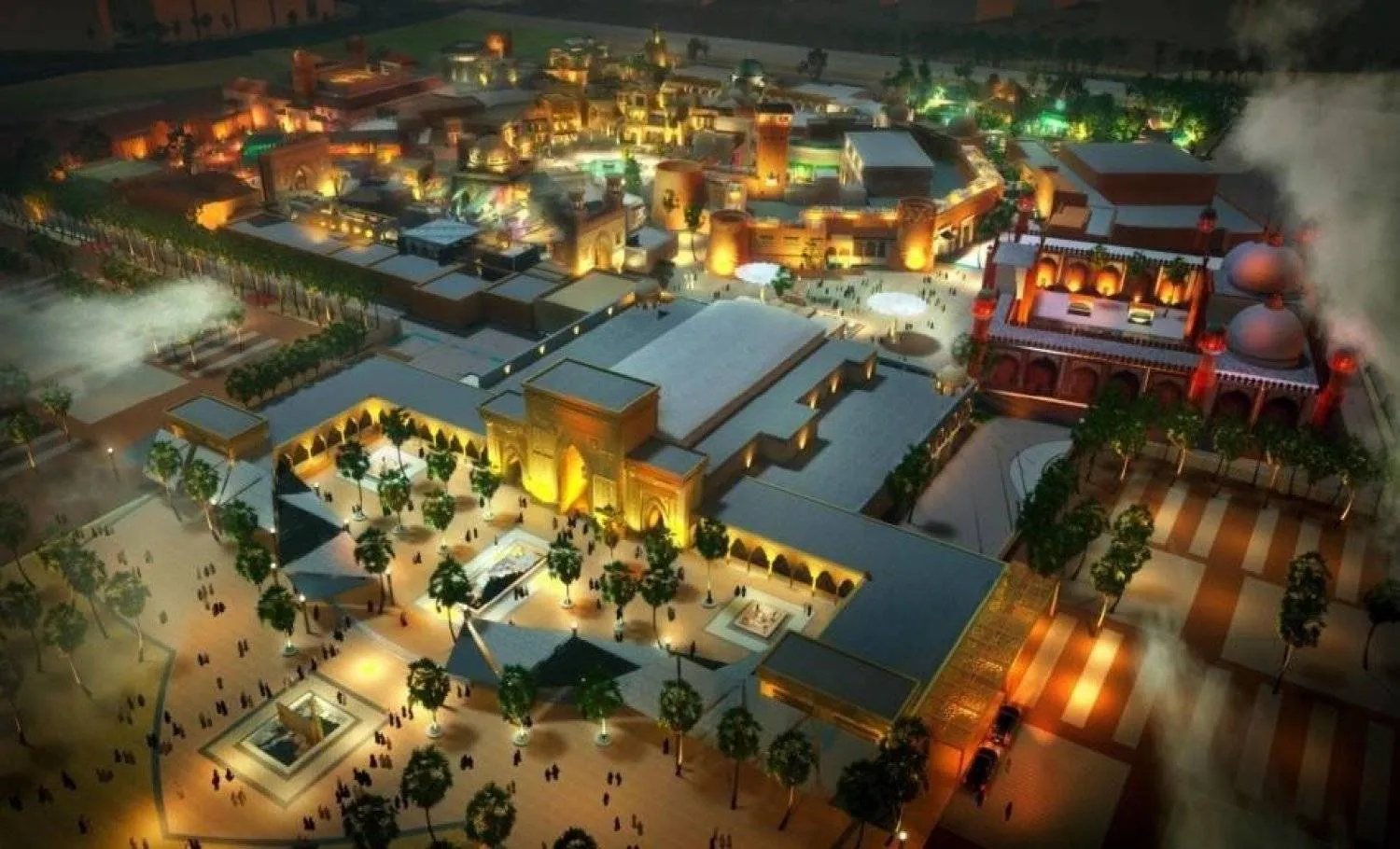Islamic Civilisation Village concept render, heritage-styled village and museum precinct at night, Al-Madinah