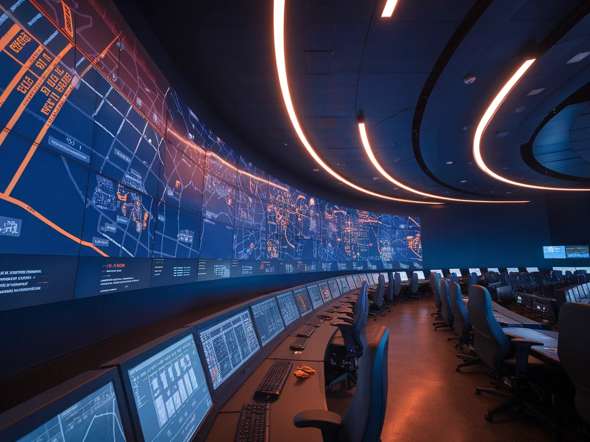 City-scale operations control room with real-time map displays