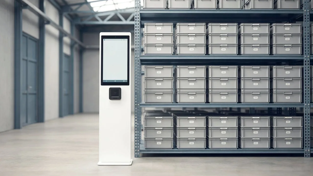 Representative image of a self-service kiosk beside RFID-labelled warehouse shelving, not the deployed system