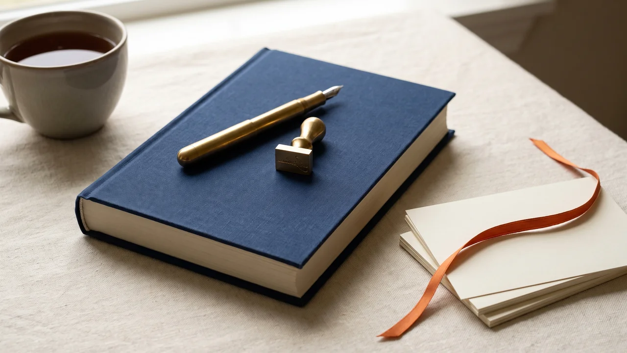 A closed navy hardcover book on a linen desk with a brass pen and stamp on its cover and an orange ribbon bookmark