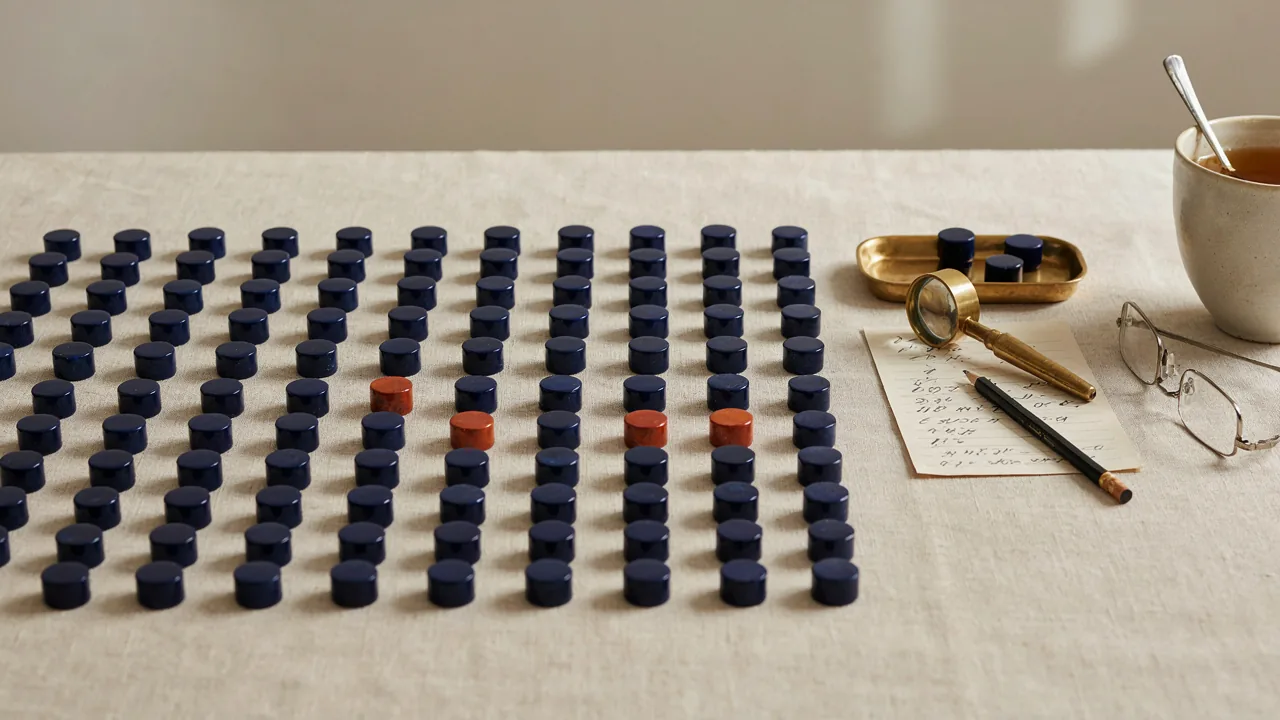 A grid of identical navy tokens on a linen desk, three lifted onto a brass tray beside a loupe and a tally sheet