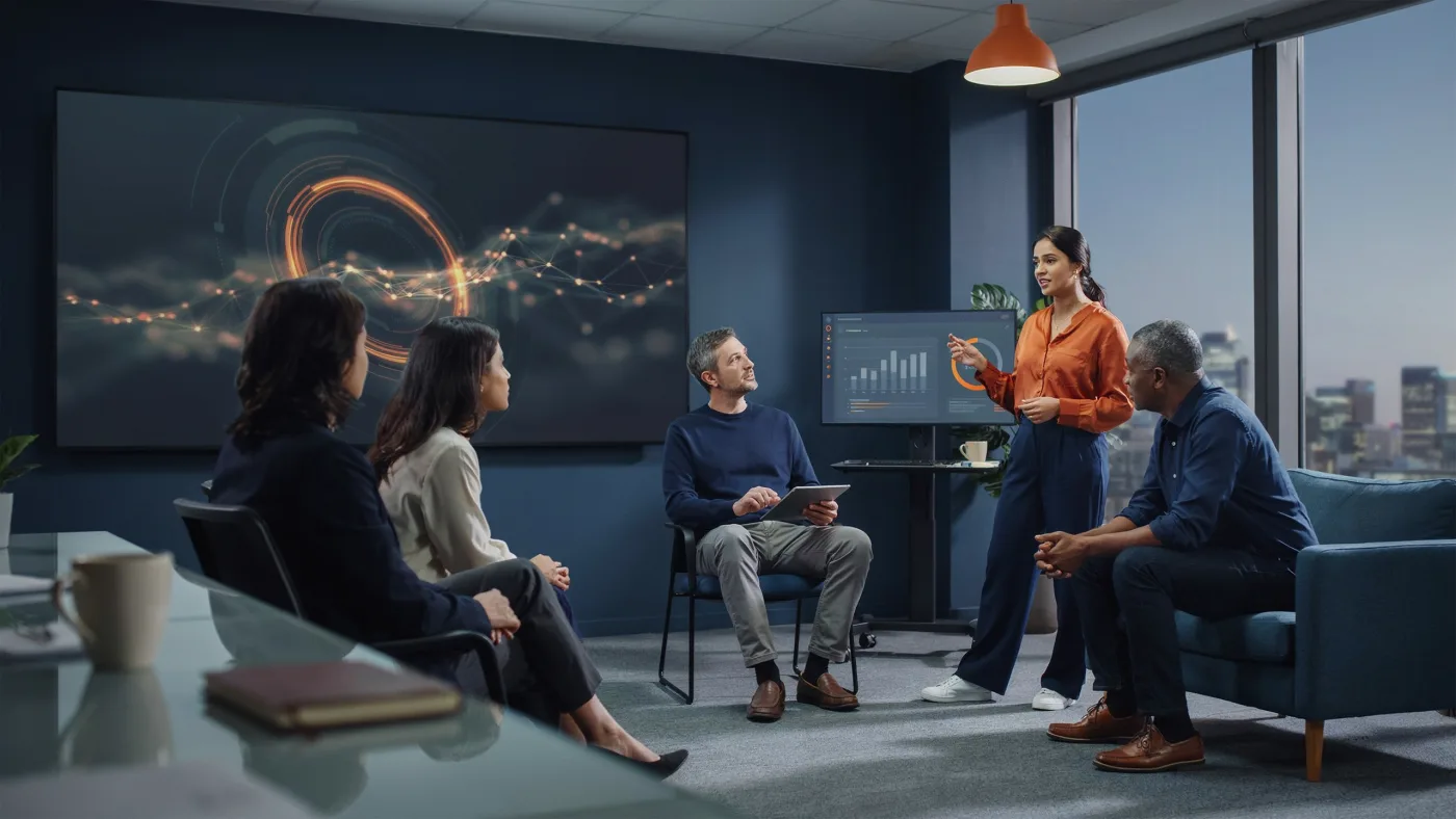 A team in a navy-toned meeting room watches a presenter walk through AI agent analytics on a wall screen, representing how real teams build and review AI agents together