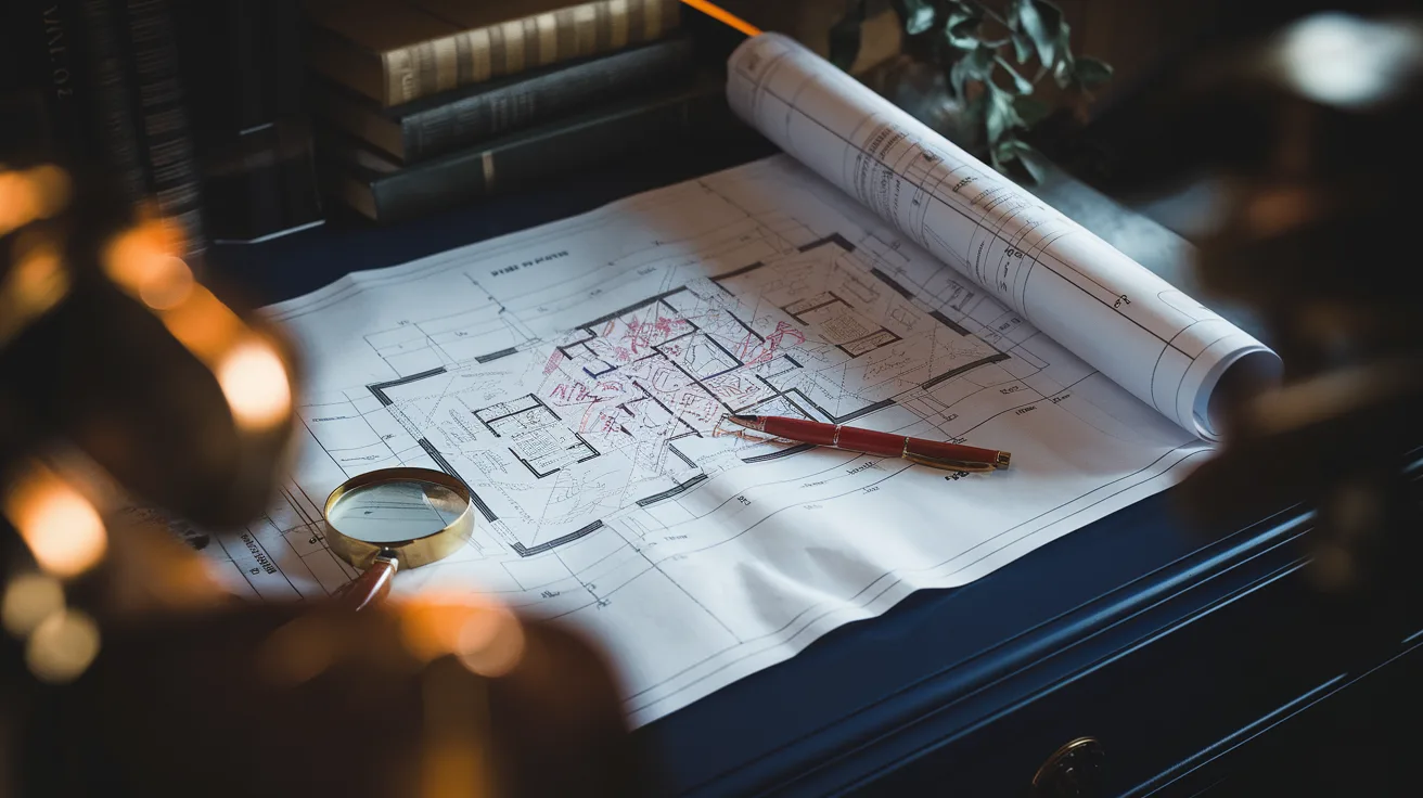 Architectural blueprint marked with red pen corrections beside a magnifying glass on a dark desk