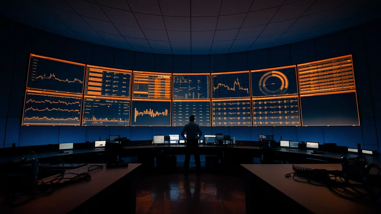 Silhouetted figure standing before a curved wall of orange data dashboards in a dark control room