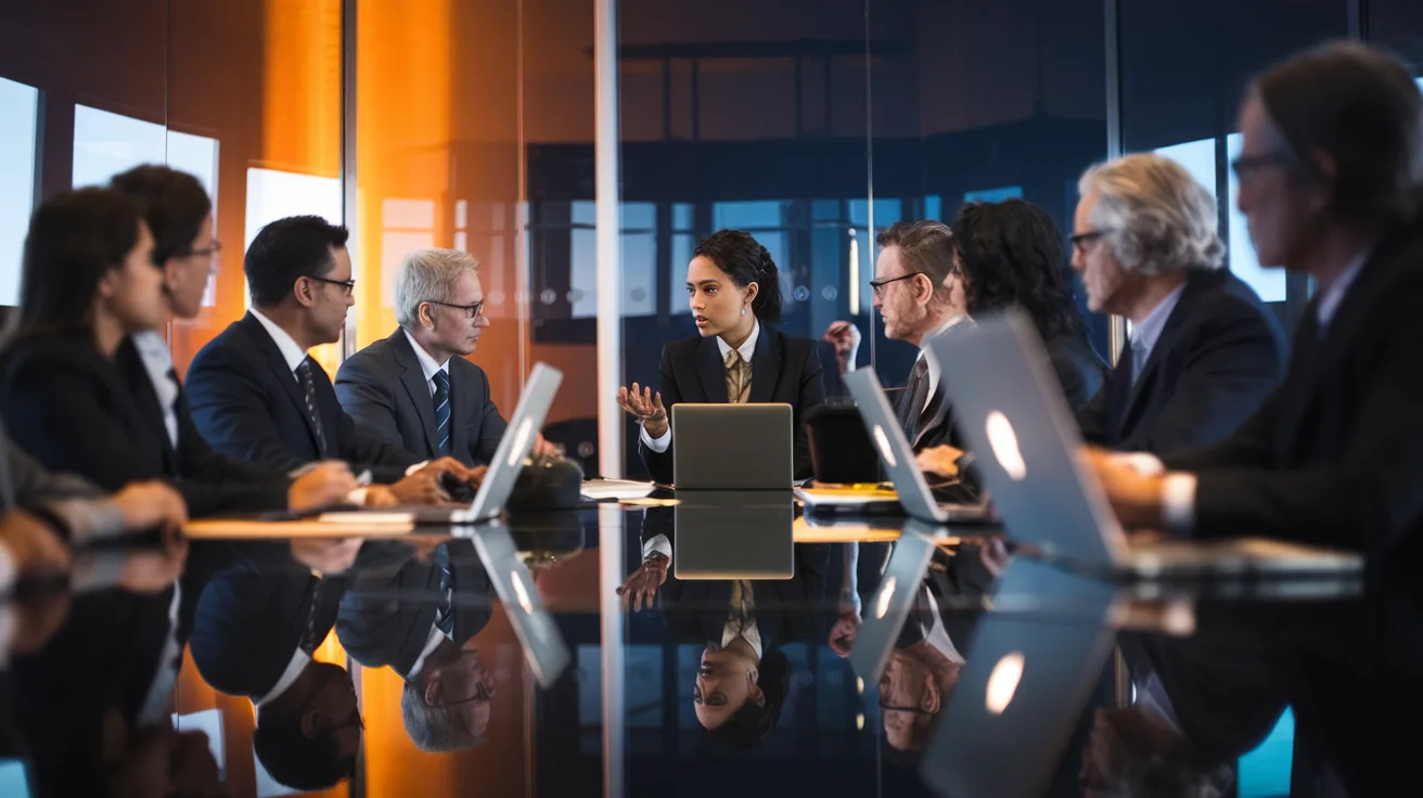 A diverse group of executives collaborating around a boardroom table with laptops open