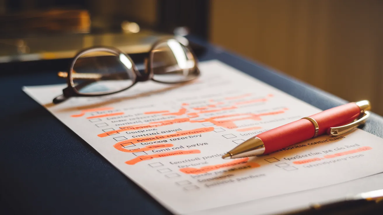 Compliance checklist document with red pen annotations and orange highlighter marks beside reading glasses