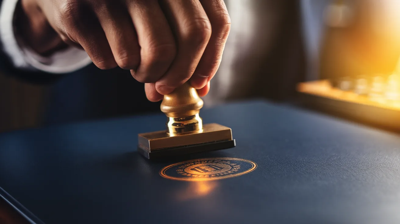 Hand stamping a gold certification seal onto a document