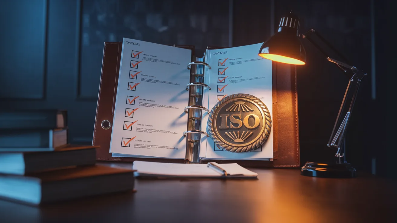 Open compliance binder with an ISO certification seal and an orange-checkmarked checklist under desk lamp light