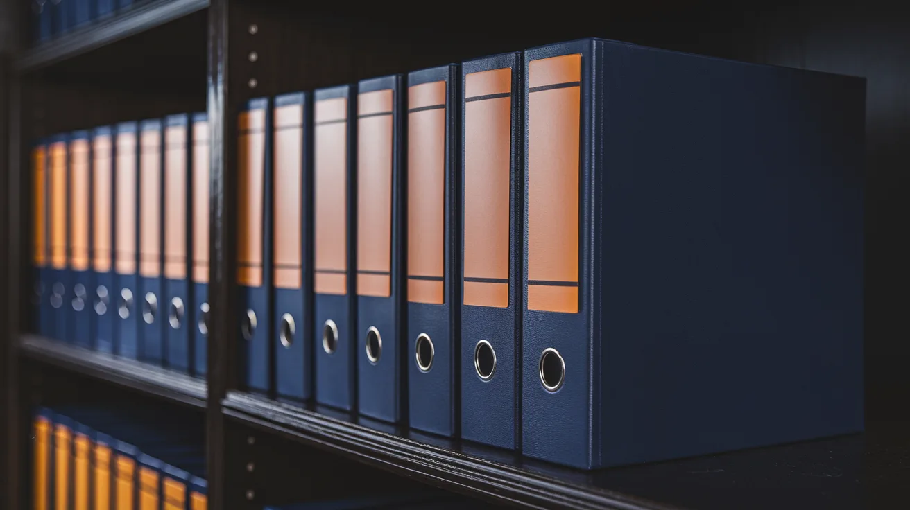 Row of navy binders with orange spine labels representing the seven AIMS clauses