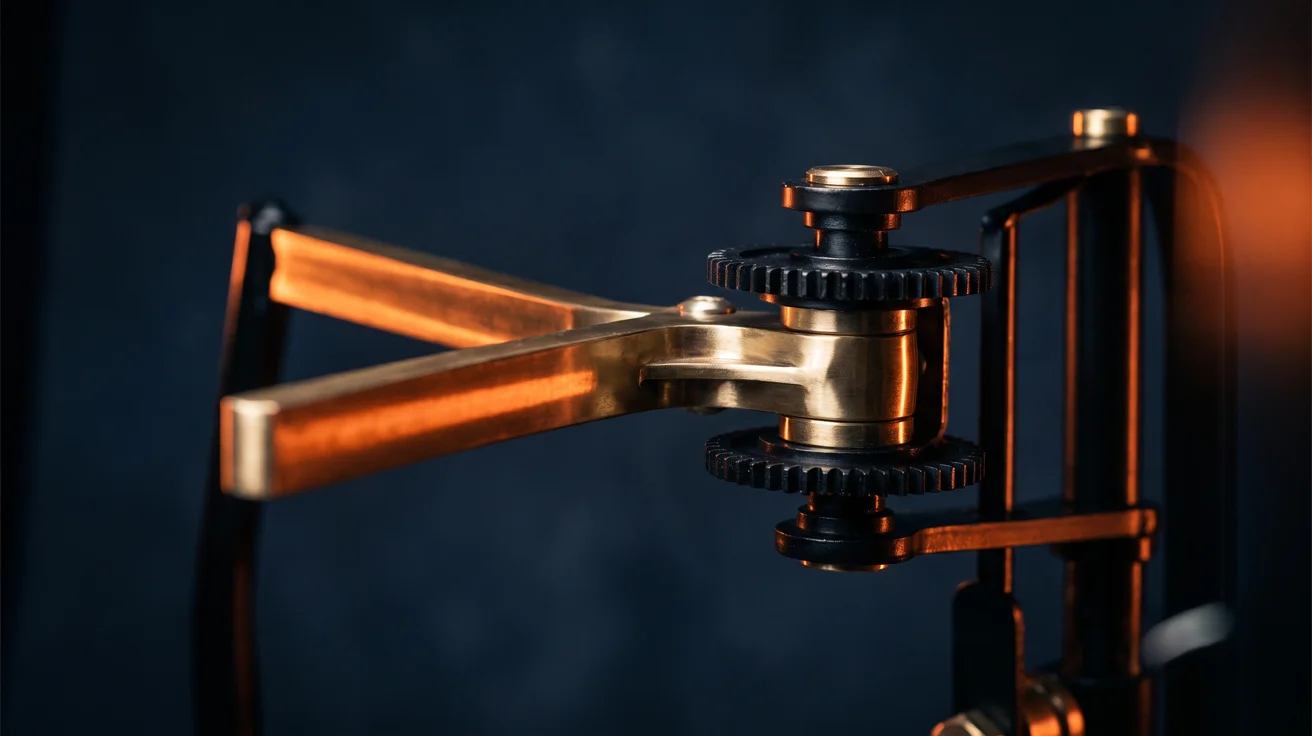 A precision brass turnstile gate mechanism mid-rotation, representing a threshold qualification gate