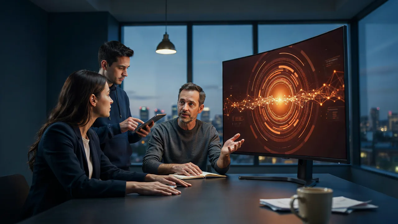 Three colleagues in a dusk-lit meeting room gather around a curved monitor showing a glowing orange network diagram, representing a team reviewing how their AI agents are coordinating