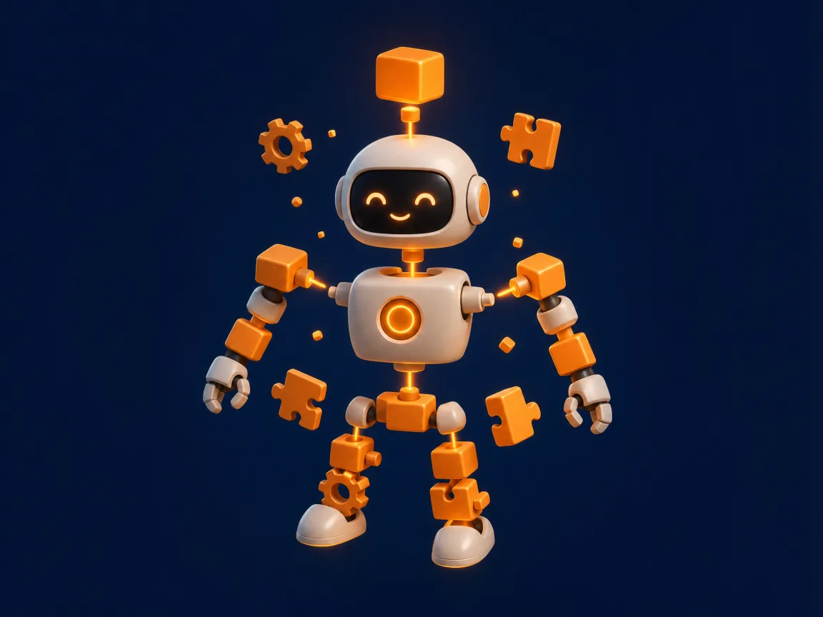 Glowing orange gears and building blocks assembling into a friendly robot outline on a dark navy background, representing building an AI agent step by step