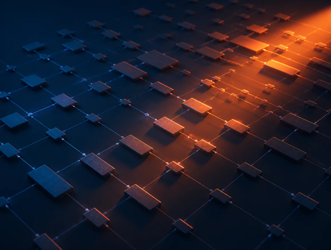 Orderly grid of illuminated navy tiles connected by fine lines with a glowing orange accent, representing a pattern catalogue matrix