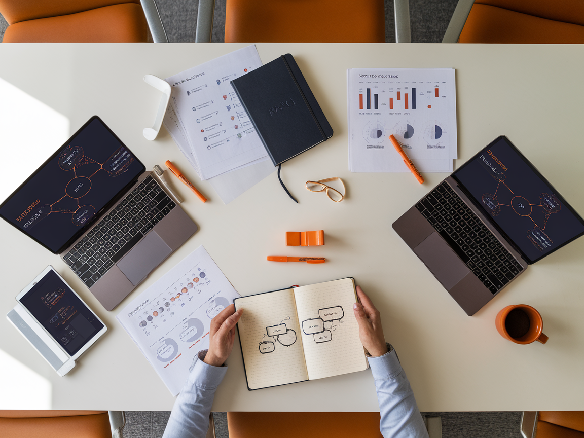 Overhead view of conference table with process workflow diagrams and laptops