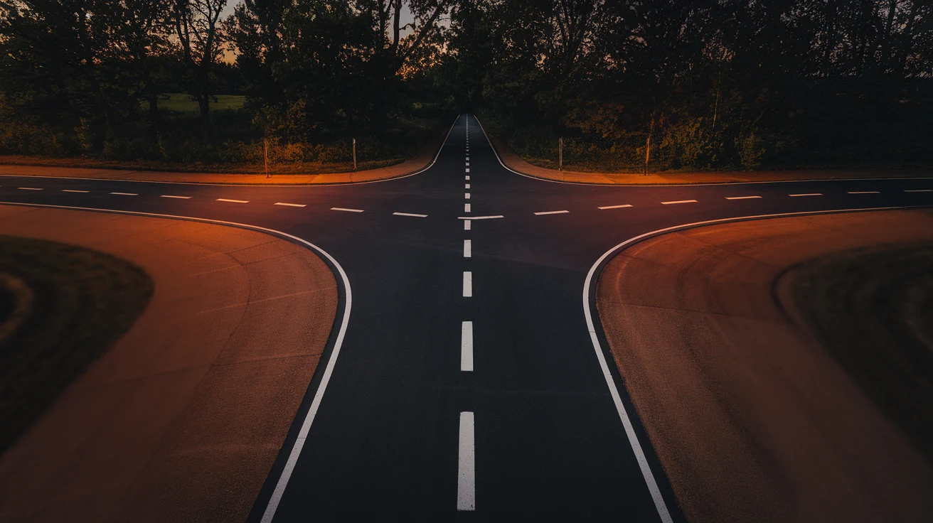 Three-way road fork at golden hour representing the build buy partner decision