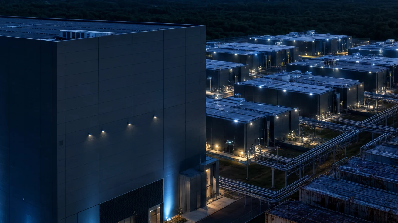 Aerial view of a data center campus at dusk, from a monolithic centralised building to distributed modular pods to older legacy containers
