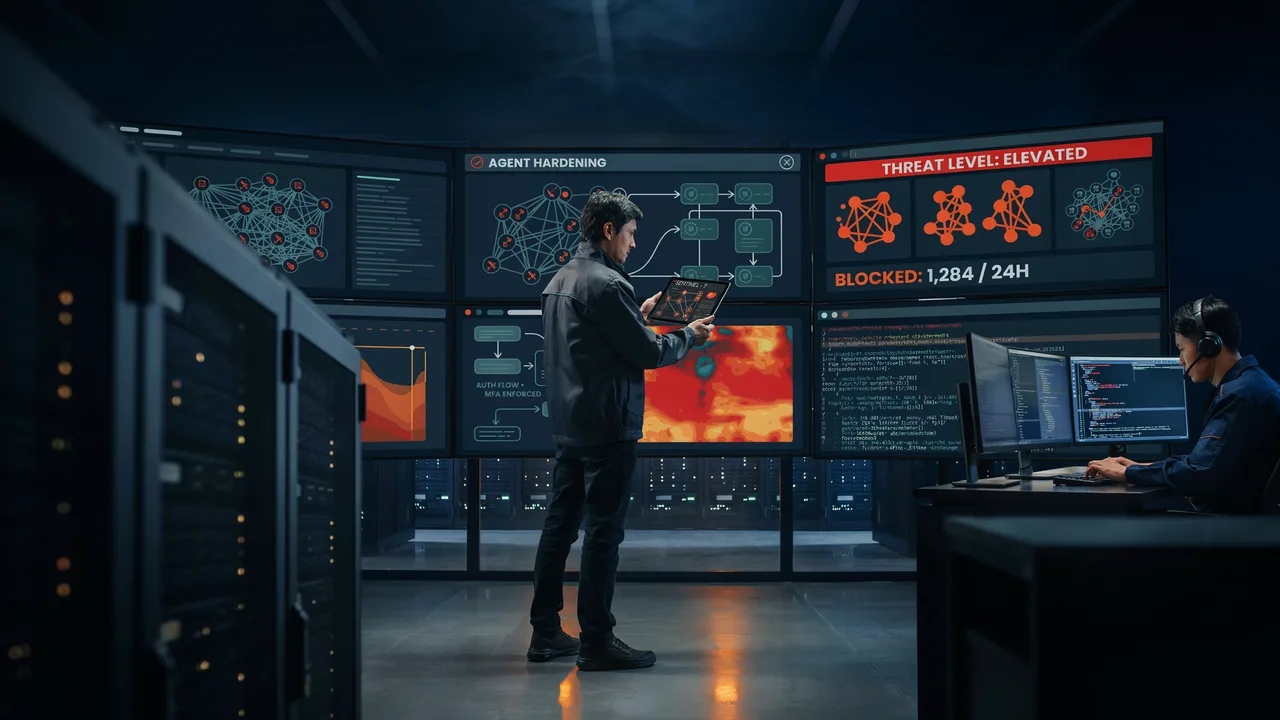 A specialist reviews a red-team dashboard of glowing orange threat nodes on wall-mounted screens in a dark security operations room, representing hardening and red-teaming an AI agent team