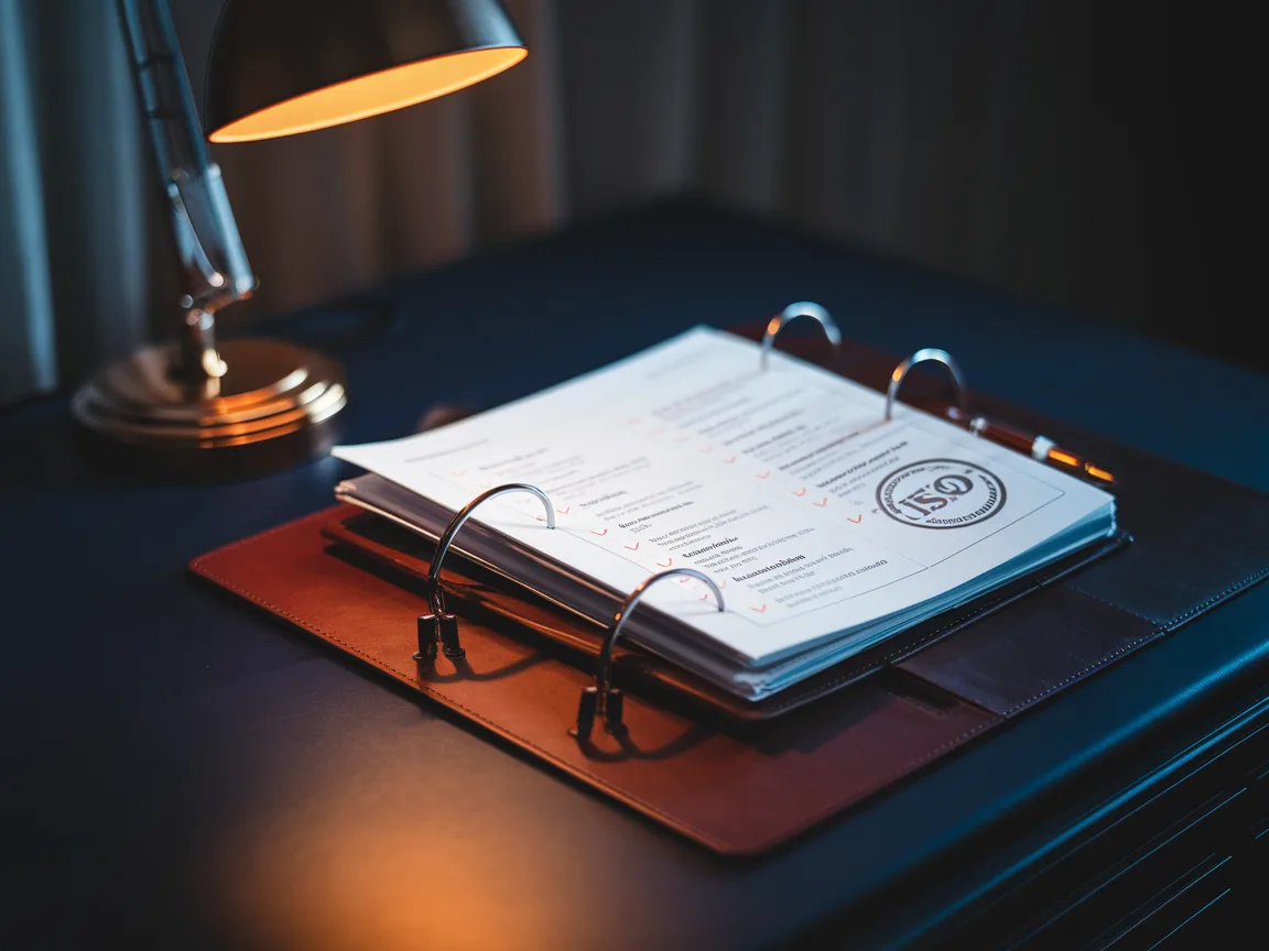 Leather-bound compliance audit binder with an orange-checkmarked checklist and ISO certification seal on a navy desk