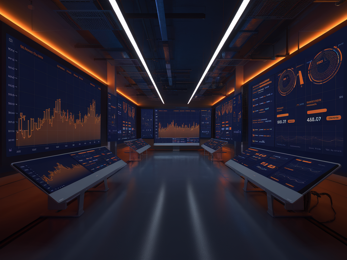AI model monitoring operations centre with orange real-time dashboard screens