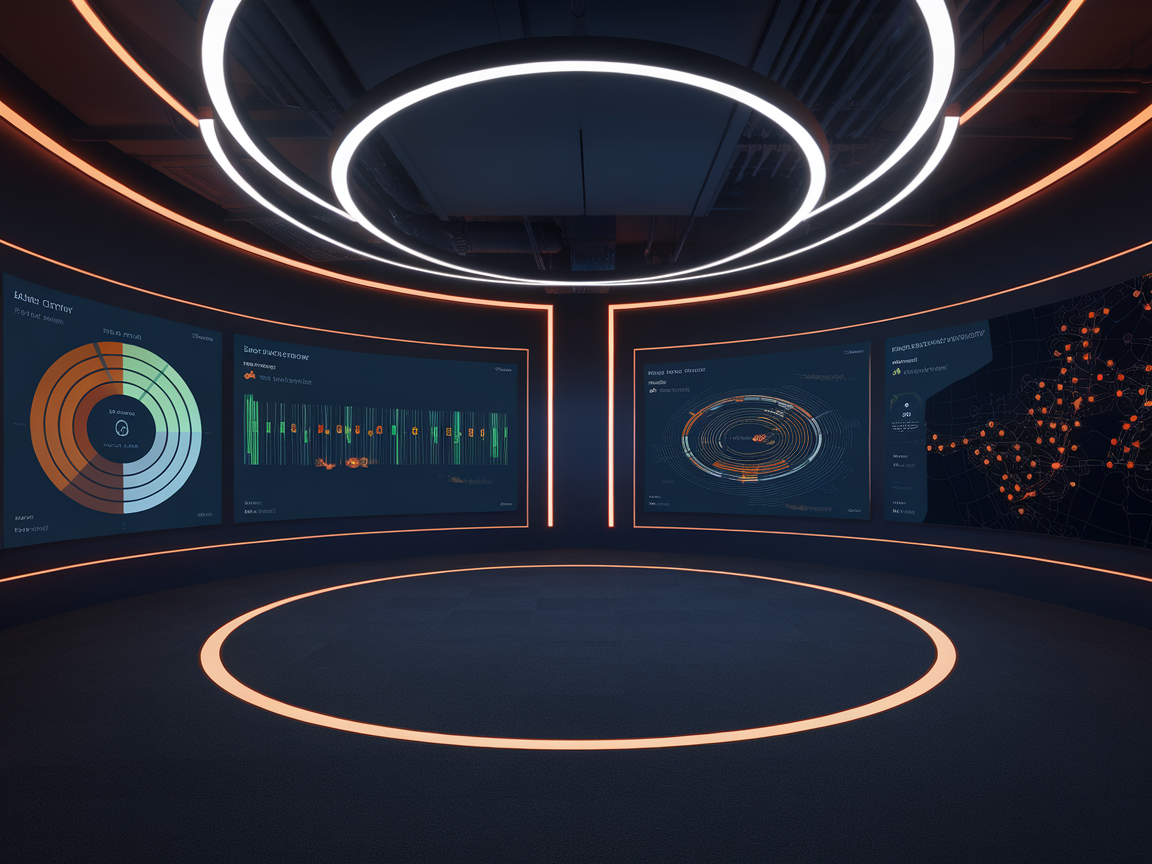 Circular AI governance command centre with bias radar and security monitoring screens