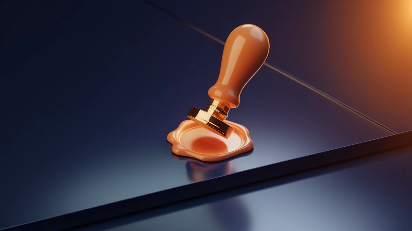 Glowing orange wax seal stamp pressing onto a dark surface, representing regulatory compliance approval