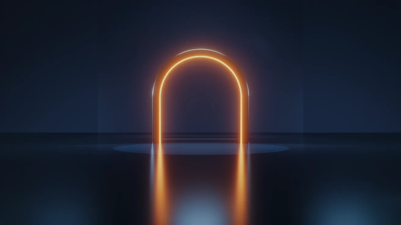 Glowing orange archway checkpoint on a dark navy background, representing an evaluation gate before autonomous AI deployment