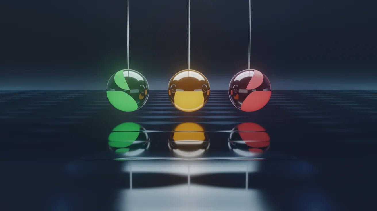 Three glowing spheres (green, amber, and red) suspended above a dark navy floor, representing pass, conditional, and fail outcomes