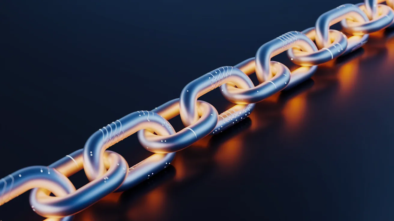 Glowing orange chain of interlocked links, representing a traceable audit trail of data