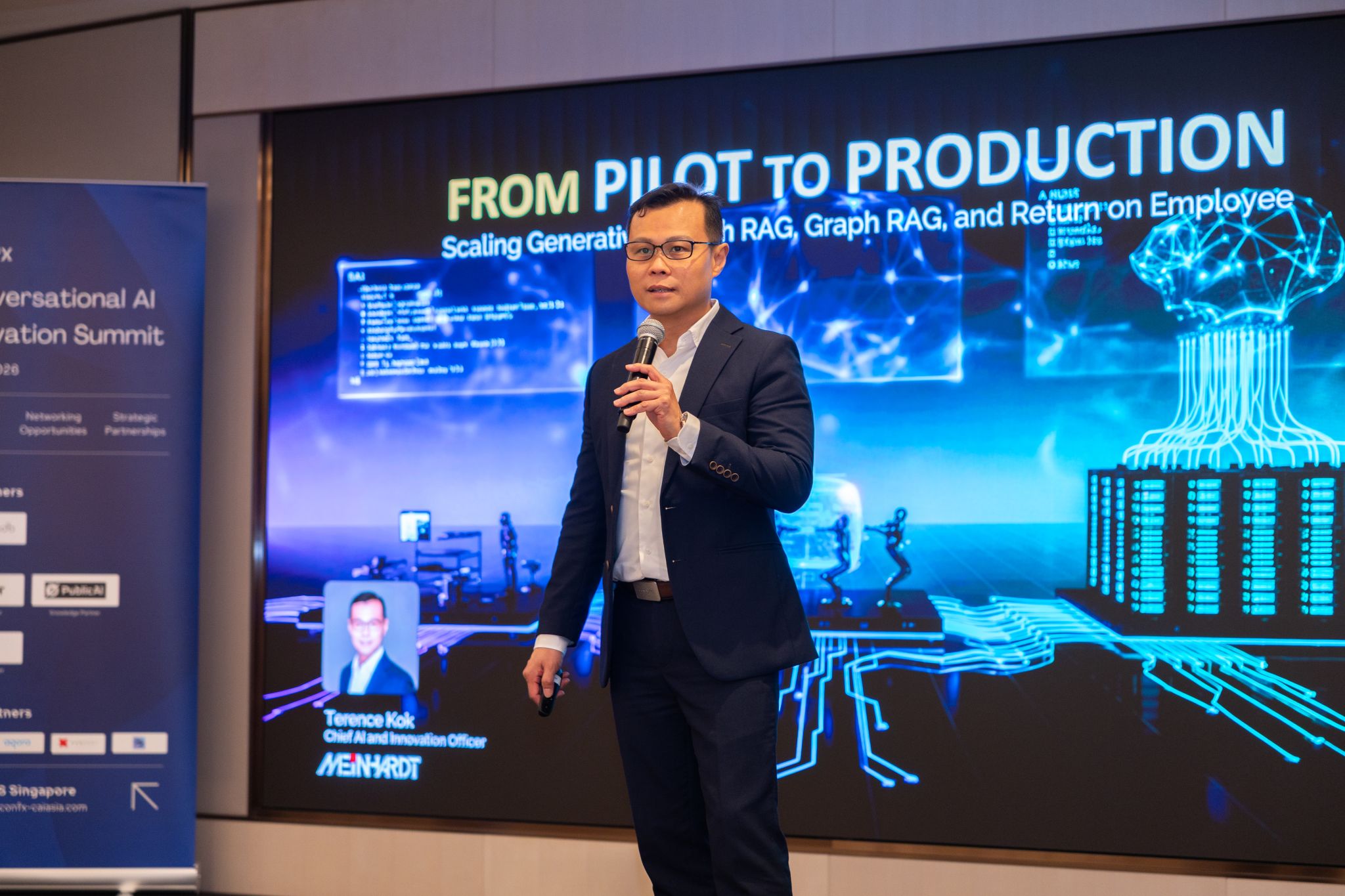 Terence Kok delivering keynote at Conversational AI Innovation Summit 2026 — From Pilot to Production