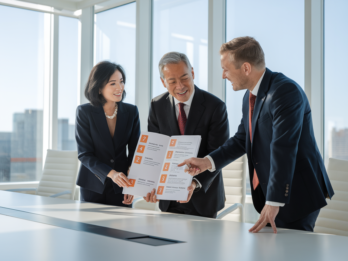 Three senior executives reviewing AI governance framework document