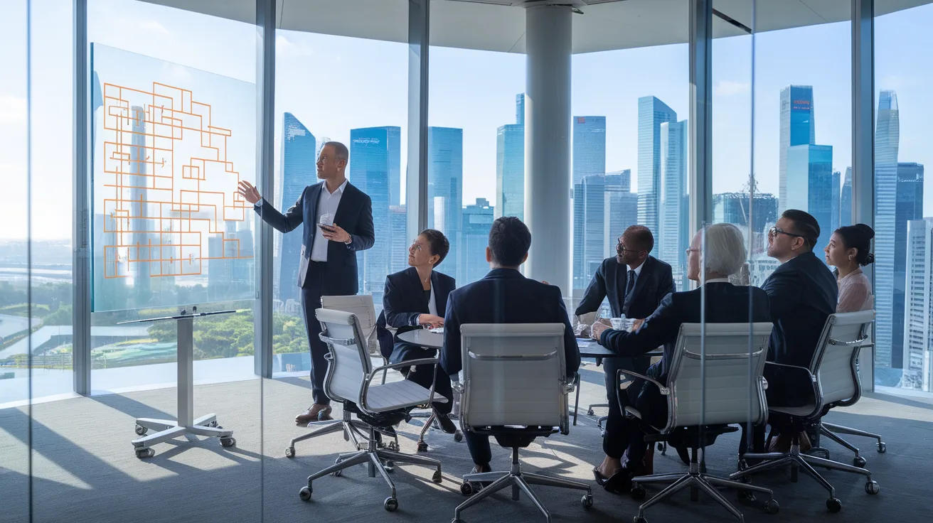 Facilitator leading a diagnostic session with engaged executives in a Singapore boardroom