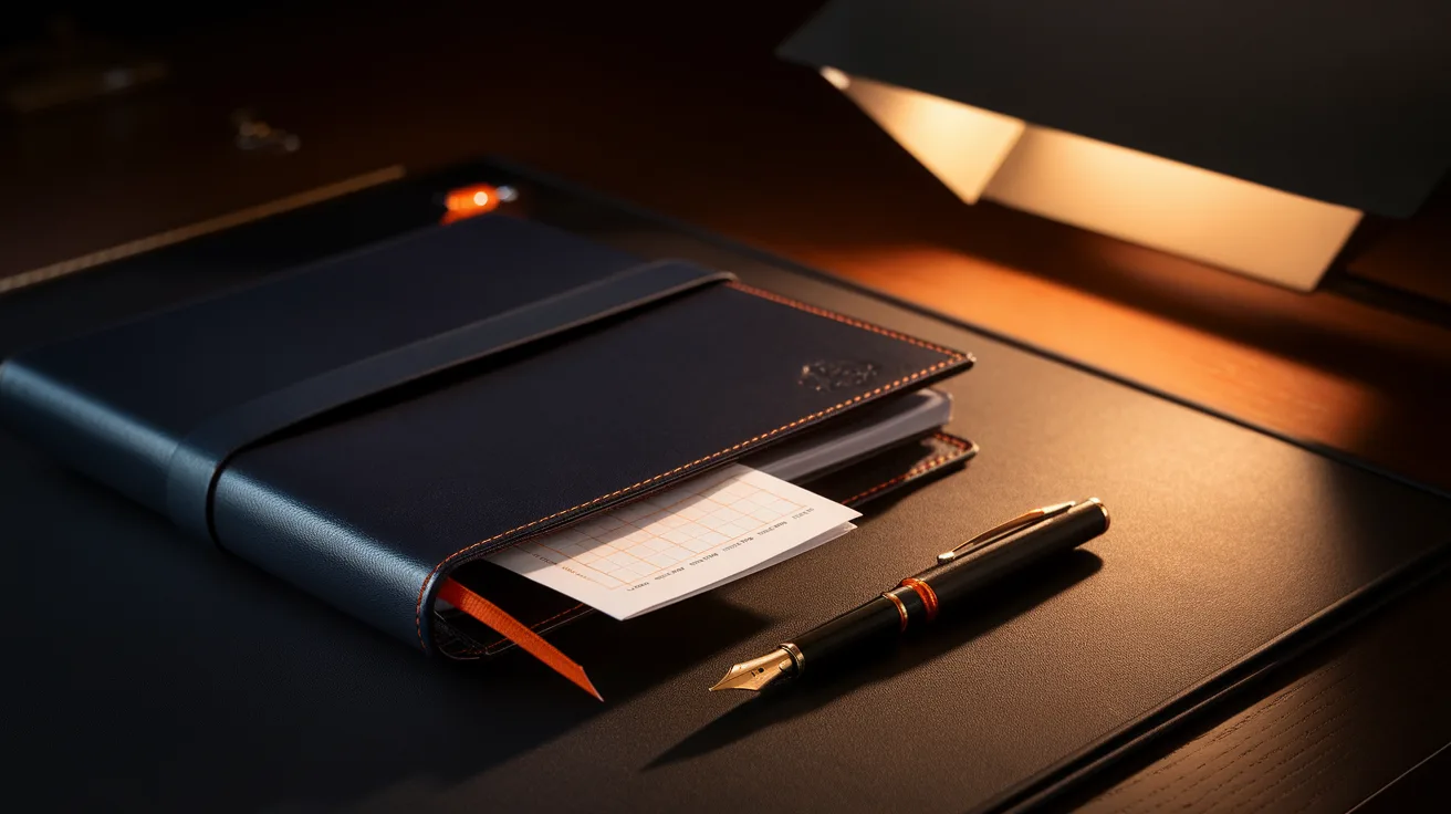 Closed governance checklist and roadmap portfolio with a fountain pen on an executive desk