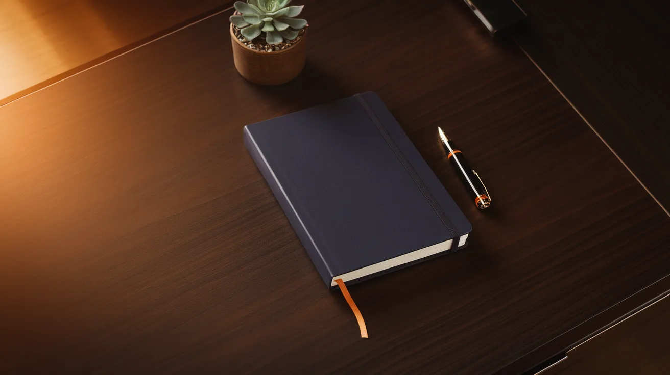 Bound business canvas document and roadmap with a fountain pen on an executive desk